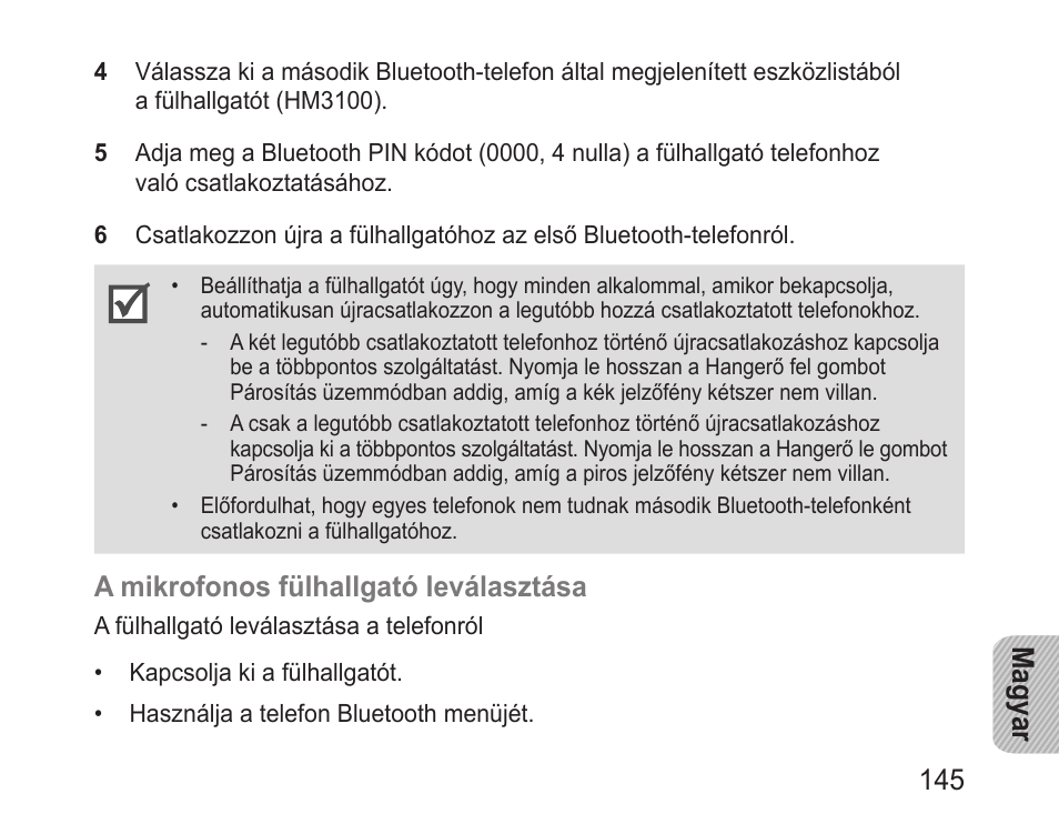 Magyar 145, A mikrofonos fülhallgató leválasztása | Samsung BHM3100 User Manual | Page 147 / 161
