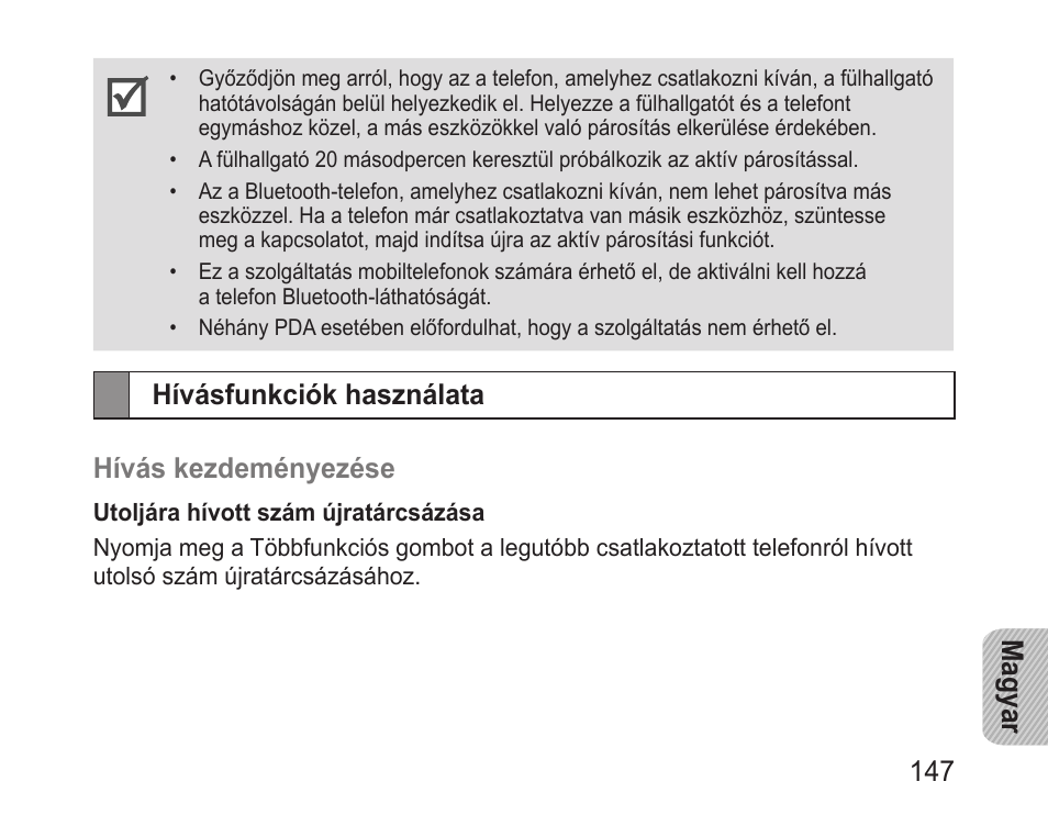 Hívásfunkciók használata, Magyar 147, Hívásfunkciók használata hívás kezdeményezése | Samsung BHM3100 User Manual | Page 149 / 161