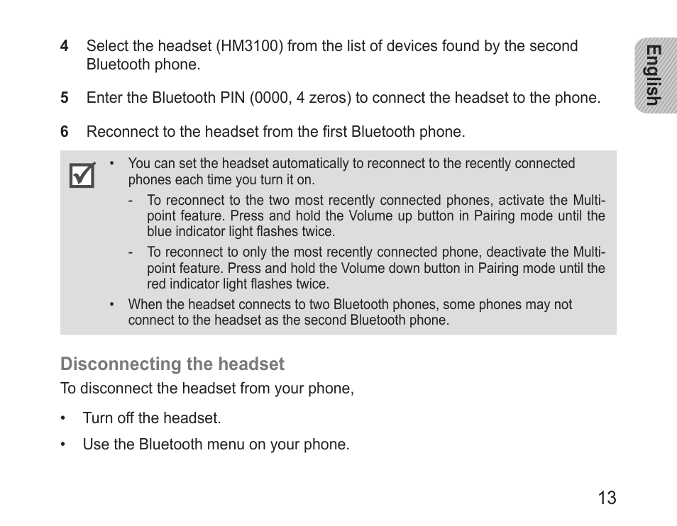 English 13, Disconnecting the headset | Samsung BHM3100 User Manual | Page 15 / 161