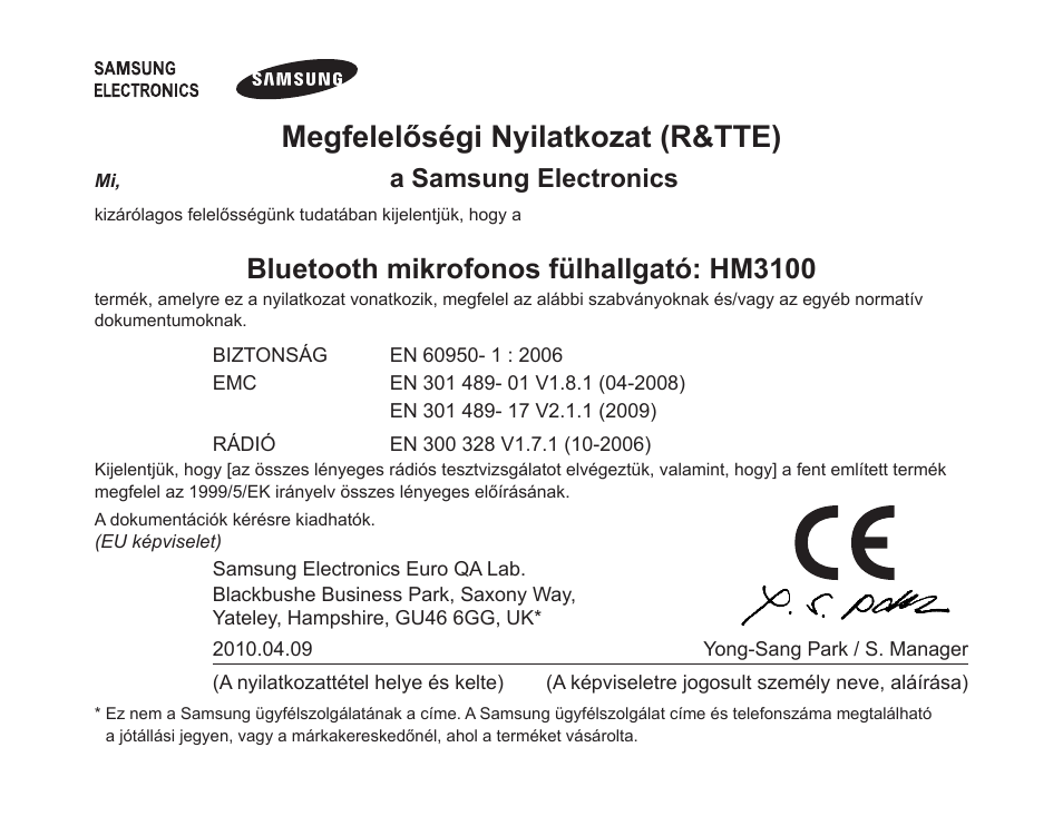 Megfelelőségi nyilatkozat (r&tte), Bluetooth mikrofonos fülhallgató: hm3100, A samsung electronics | Samsung BHM3100 User Manual | Page 160 / 161