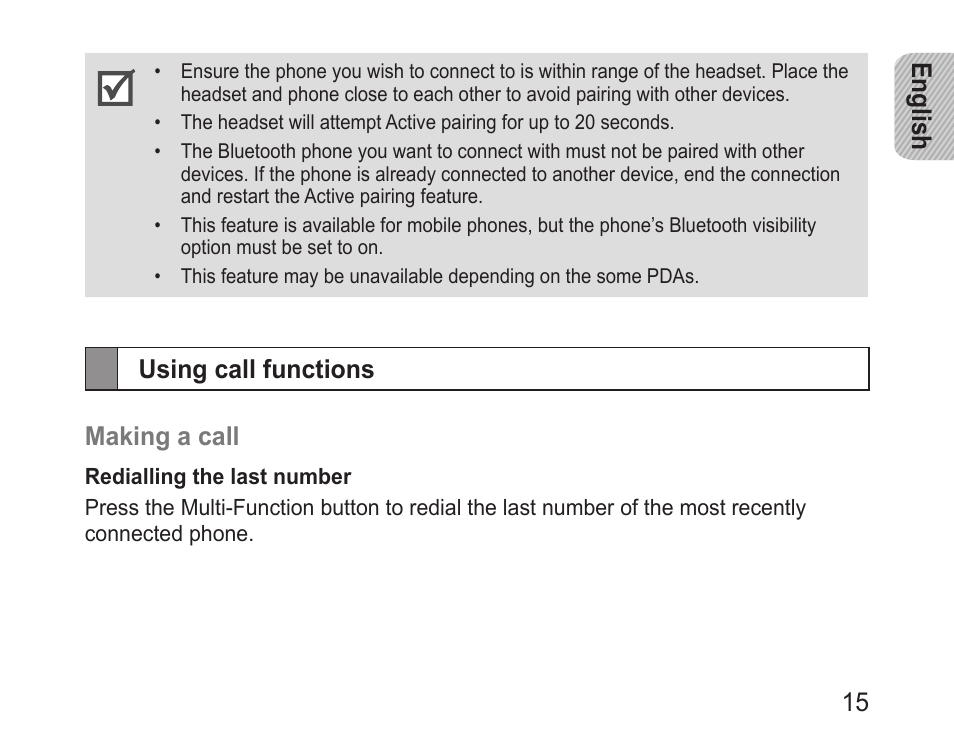 Using call functions, English 15, Using call functions making a call | Samsung BHM3100 User Manual | Page 17 / 161