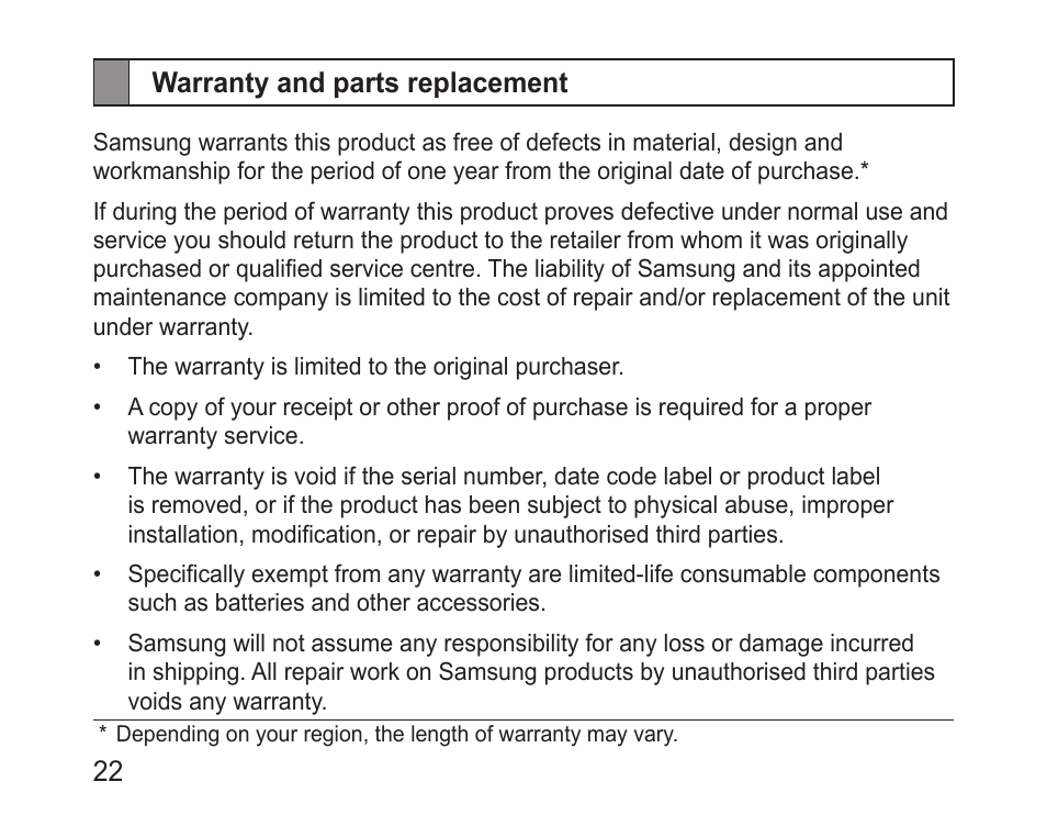 Warranty and parts replacement | Samsung BHM3100 User Manual | Page 24 / 161
