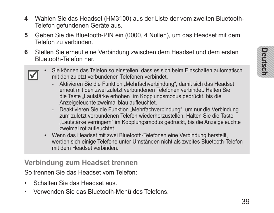 Deutsch 39, Verbindung zum headset trennen | Samsung BHM3100 User Manual | Page 41 / 161