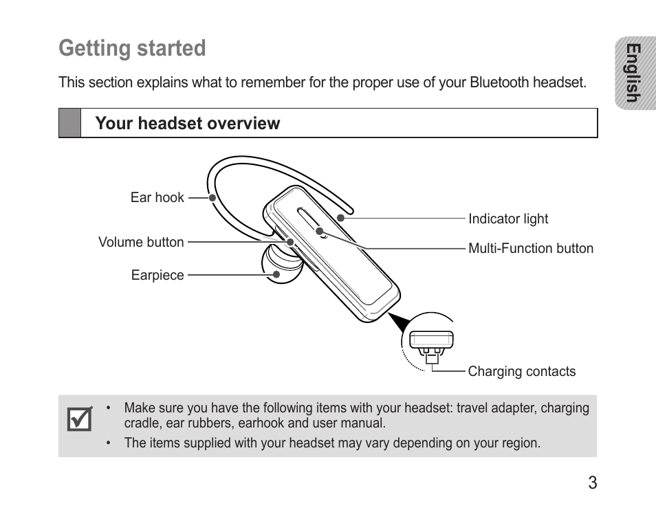 Getting started, Your headset overview | Samsung BHM3100 User Manual | Page 5 / 161