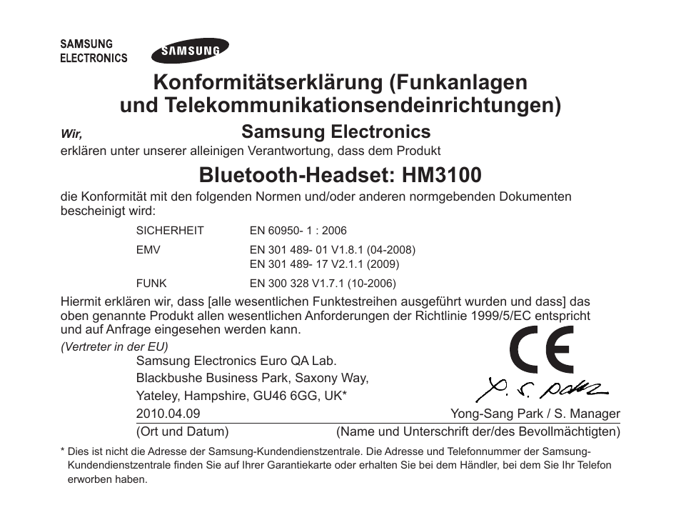Bluetooth-headset: hm3100, Samsung electronics | Samsung BHM3100 User Manual | Page 54 / 161