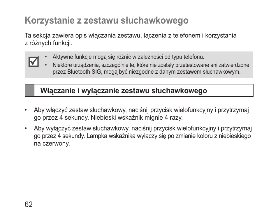 Korzystanie z zestawu słuchawkowego, Włączanie i wyłączanie zestawu słuchawkowego | Samsung BHM3100 User Manual | Page 64 / 161