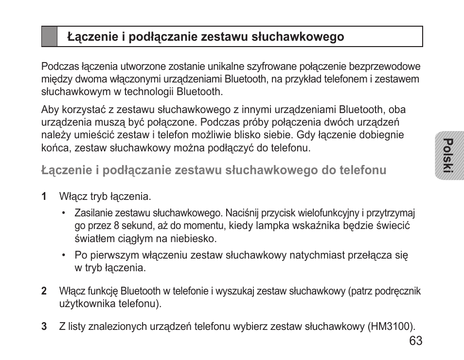 Łączenie i podłączanie zestawu słuchawkowego | Samsung BHM3100 User Manual | Page 65 / 161