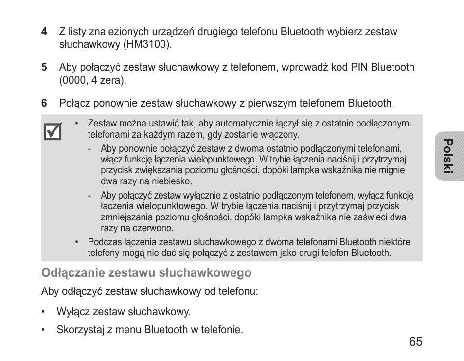 Polski 65, Odłączanie zestawu słuchawkowego | Samsung BHM3100 User Manual | Page 67 / 161