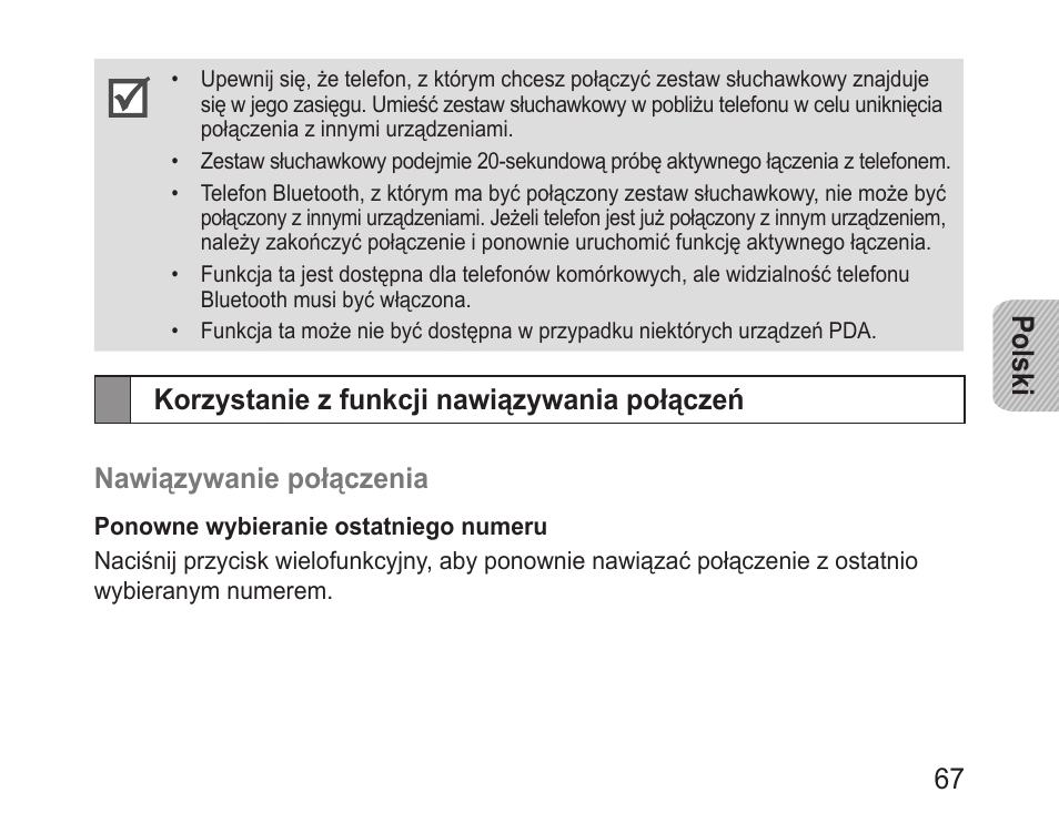 Korzystanie z funkcji nawiązywania połączeń, Polski 67 | Samsung BHM3100 User Manual | Page 69 / 161