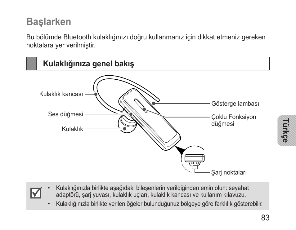 Başlarken, Kulaklığınıza genel bakış | Samsung BHM3100 User Manual | Page 85 / 161