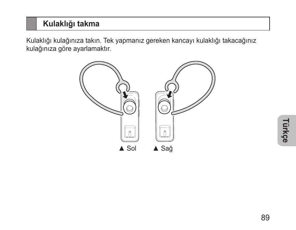 Kulaklığı takma | Samsung BHM3100 User Manual | Page 91 / 161