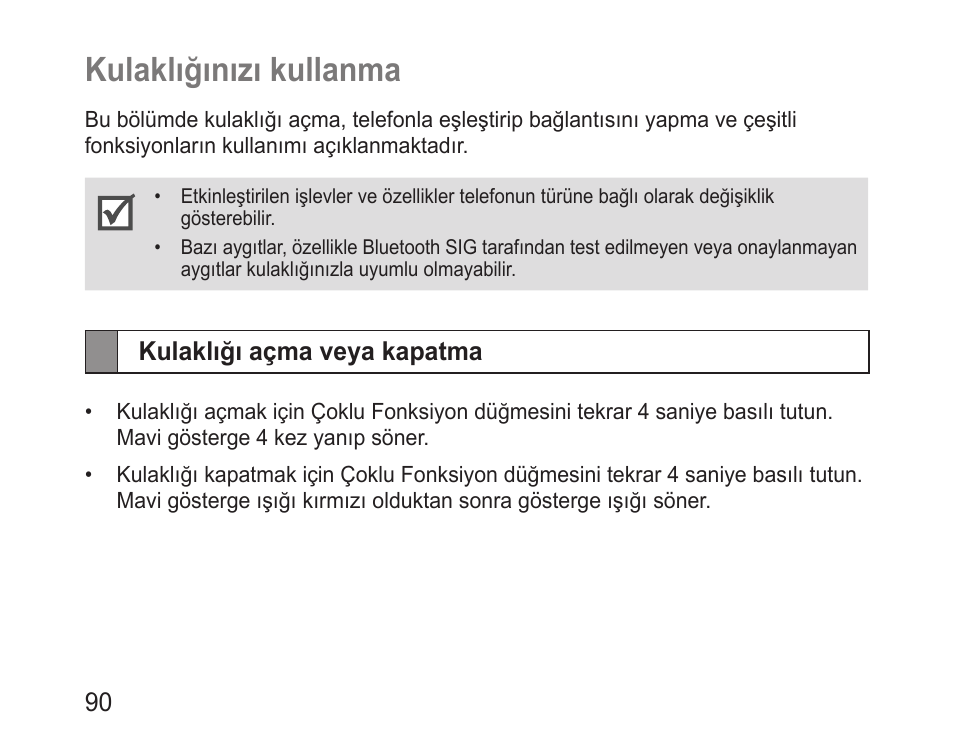 Kulaklığınızı kullanma, Kulaklığı açma veya kapatma | Samsung BHM3100 User Manual | Page 92 / 161