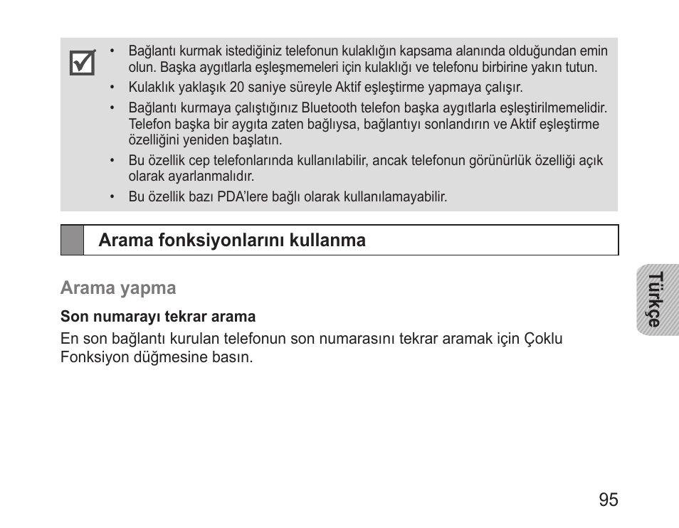 Arama fonksiyonlarını kullanma, Türkçe 95, Arama fonksiyonlarını kullanma arama yapma | Samsung BHM3100 User Manual | Page 97 / 161