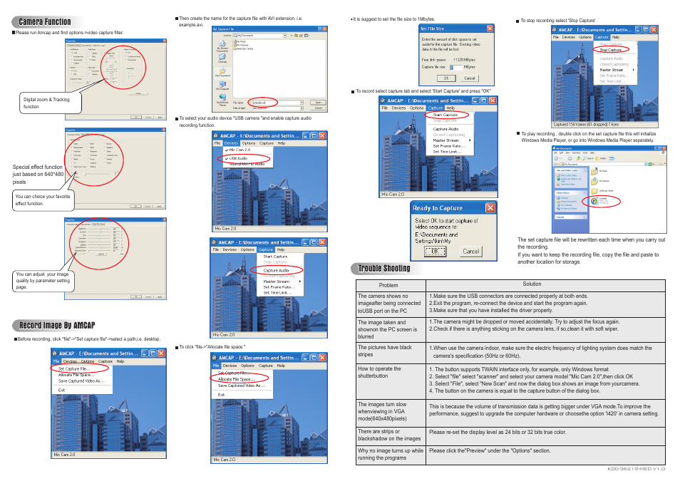 Trouble shooting, Camera function | ABL electronic USB 2.0 Camera Microphone none User Manual | Page 2 / 2