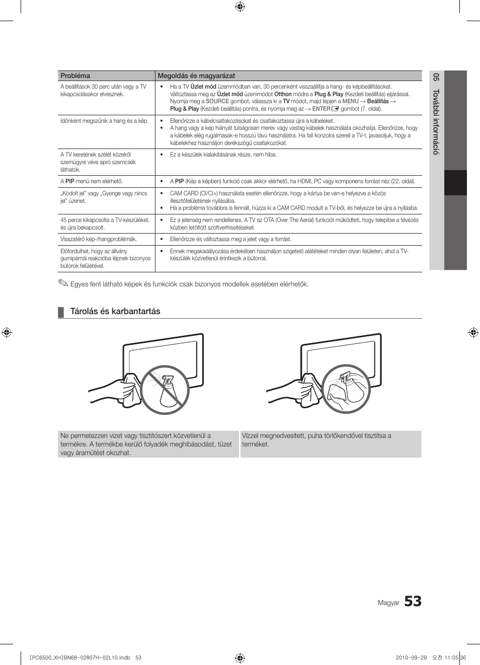 Tárolás és karbantartás | Samsung PS50C6500TW User Manual | Page 108 / 551