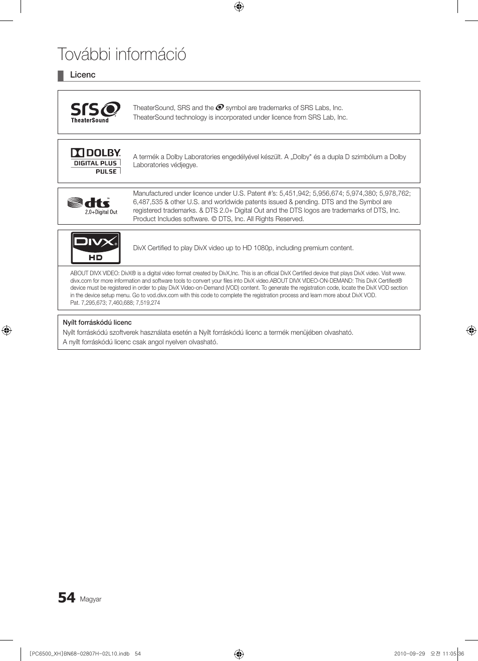 További információ | Samsung PS50C6500TW User Manual | Page 109 / 551