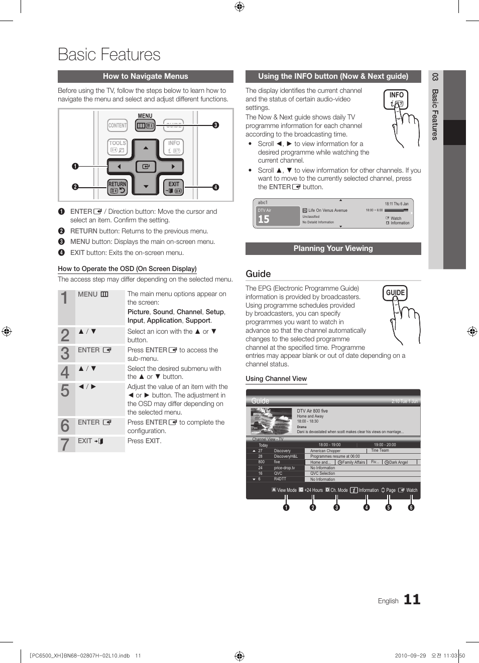 Basic features, Guide | Samsung PS50C6500TW User Manual | Page 11 / 551