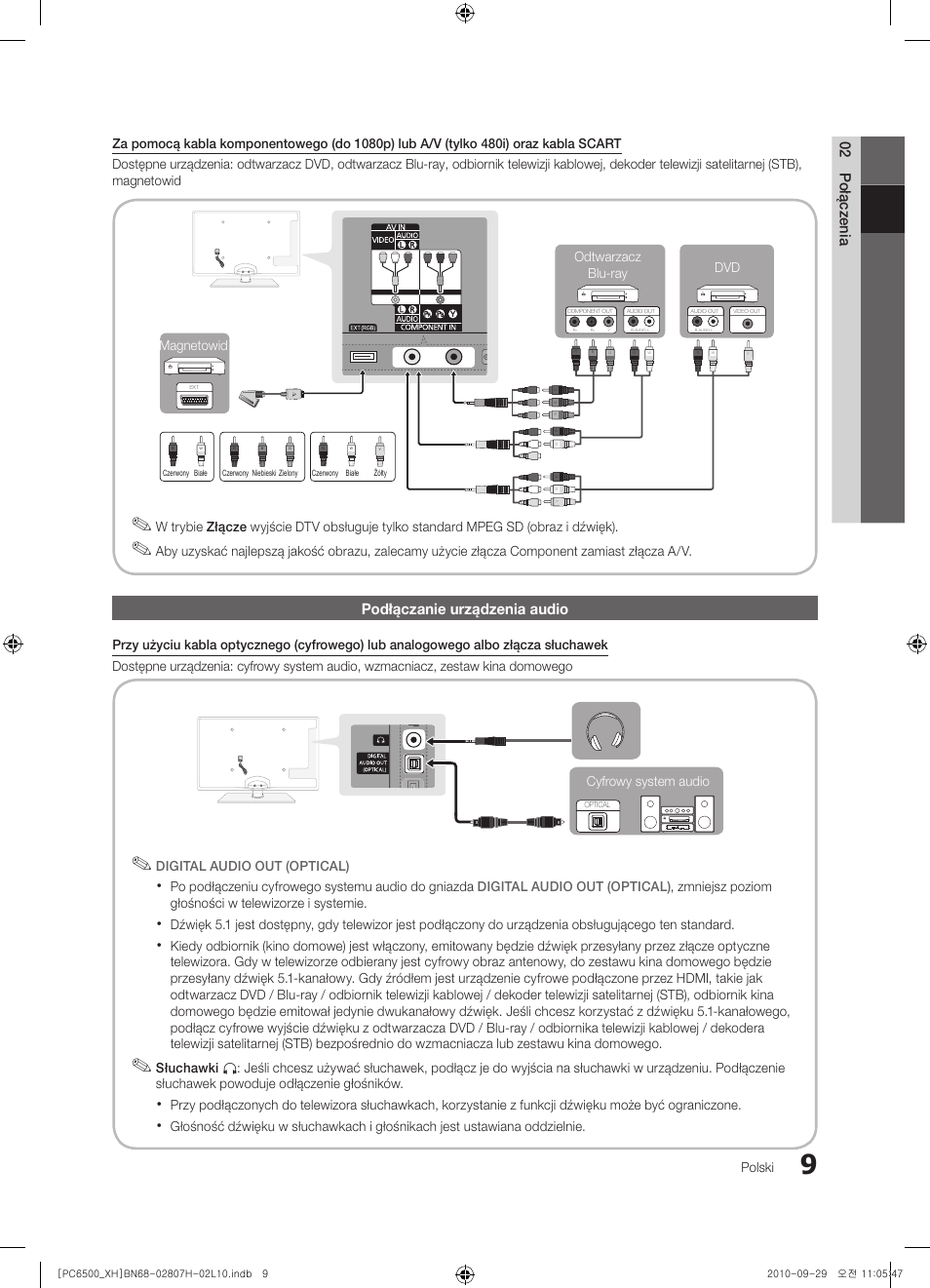 02 połączenia, Podłączanie urządzenia audio | Samsung PS50C6500TW User Manual | Page 119 / 551