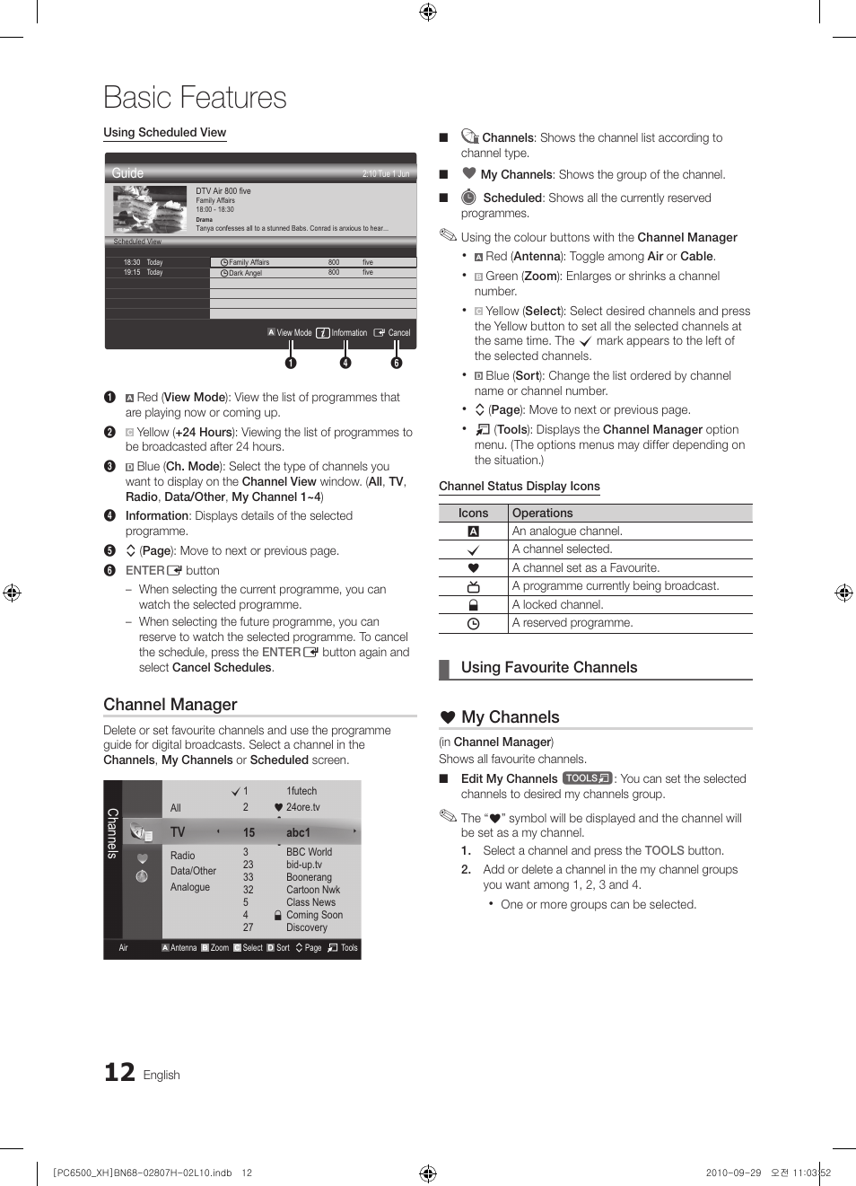 Basic features, Channel manager, My channels | Using favourite channels | Samsung PS50C6500TW User Manual | Page 12 / 551