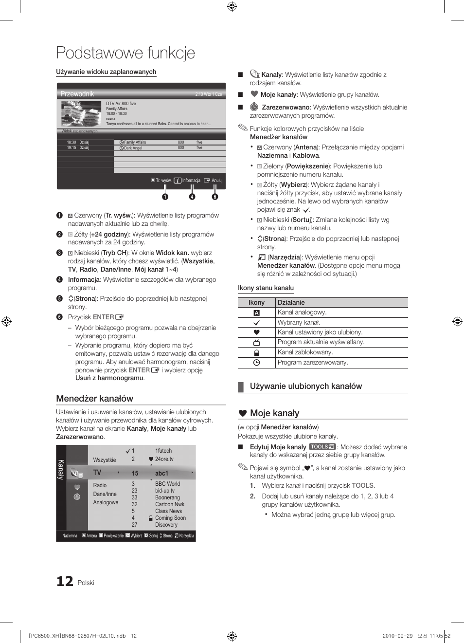 Podstawowe funkcje, Menedżer kanałów, Moje kanały | Używanie ulubionych kanałów | Samsung PS50C6500TW User Manual | Page 122 / 551