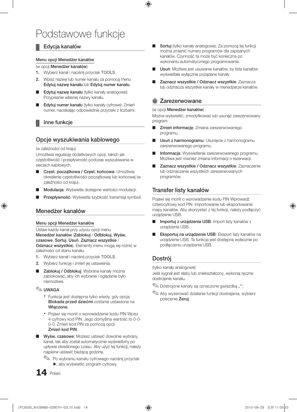 Podstawowe funkcje, Opcje wyszukiwania kablowego, Menedżer kanałów | Zarezerwowane, Transfer listy kanałów, Dostrój | Samsung PS50C6500TW User Manual | Page 124 / 551