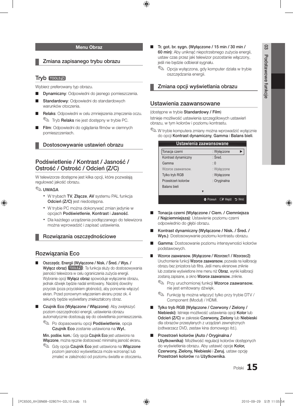 Tryb, Rozwiązania eco, Ustawienia zaawansowane | Samsung PS50C6500TW User Manual | Page 125 / 551