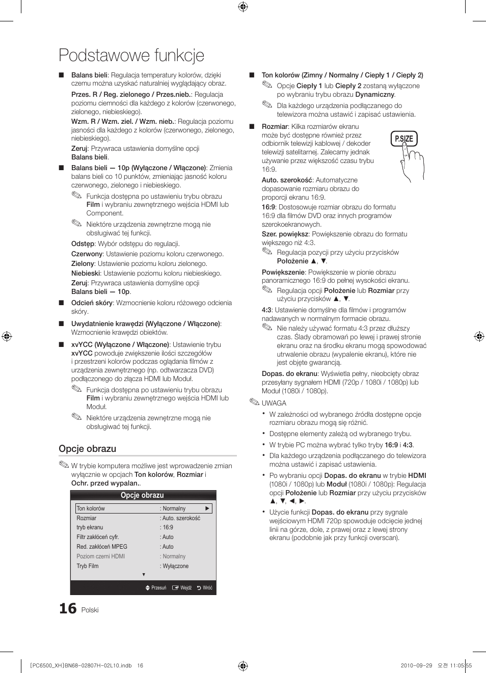 Podstawowe funkcje | Samsung PS50C6500TW User Manual | Page 126 / 551