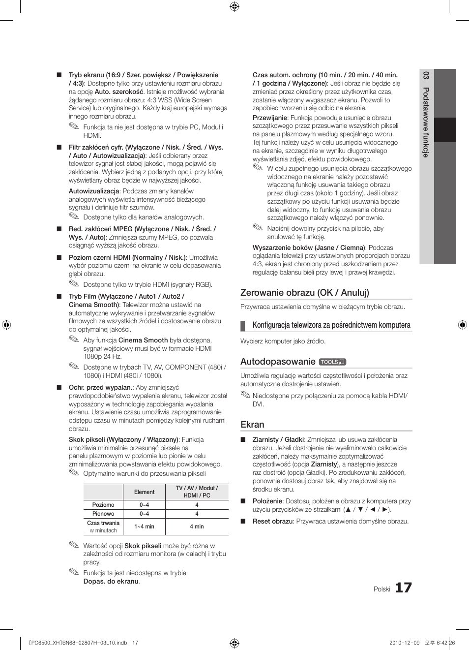 Zerowanie obrazu (ok / anuluj), Autodopasowanie, Ekran | Samsung PS50C6500TW User Manual | Page 127 / 551