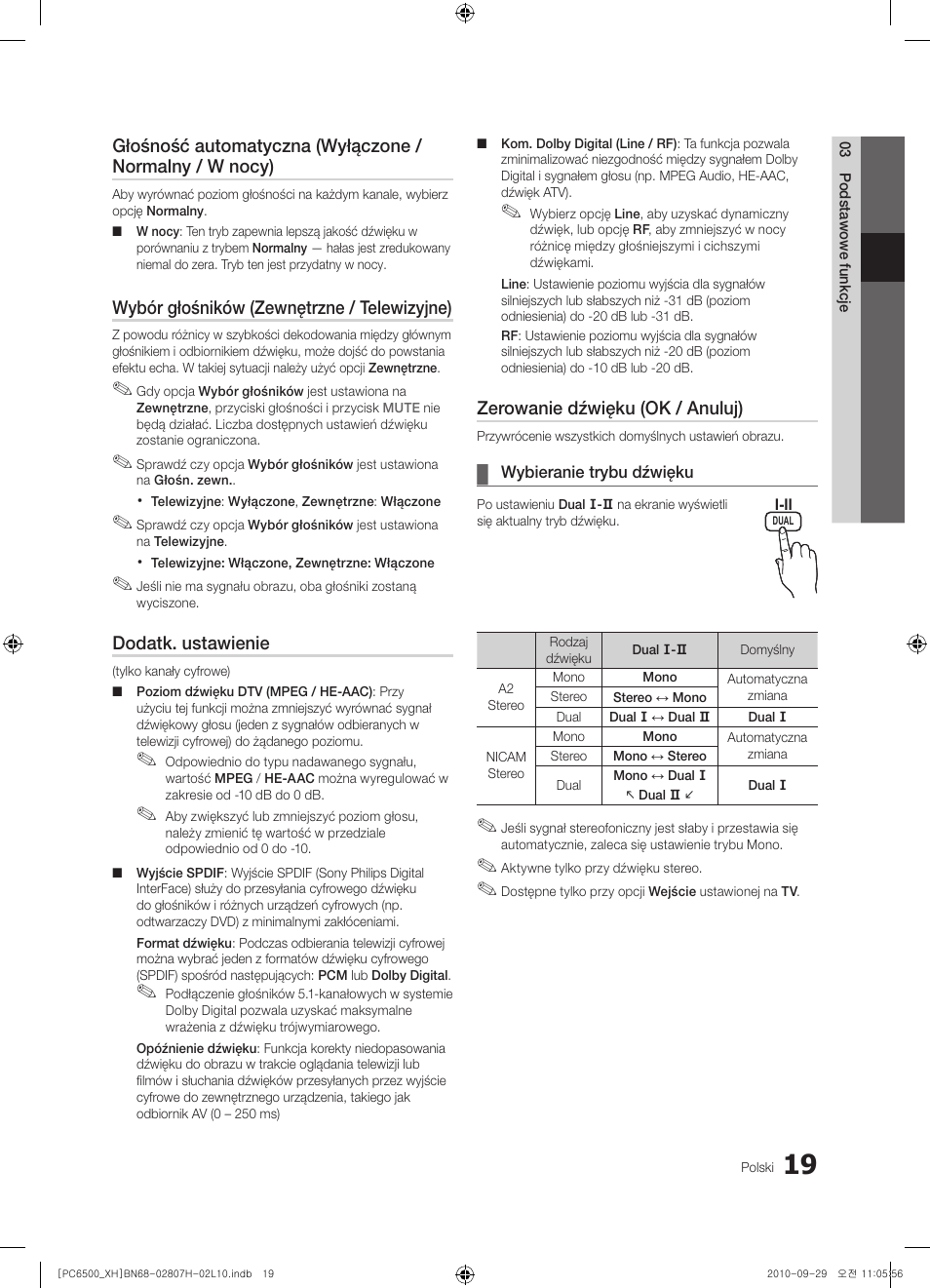 Wybór głośników (zewnętrzne / telewizyjne), Dodatk. ustawienie, Zerowanie dźwięku (ok / anuluj) | Samsung PS50C6500TW User Manual | Page 129 / 551