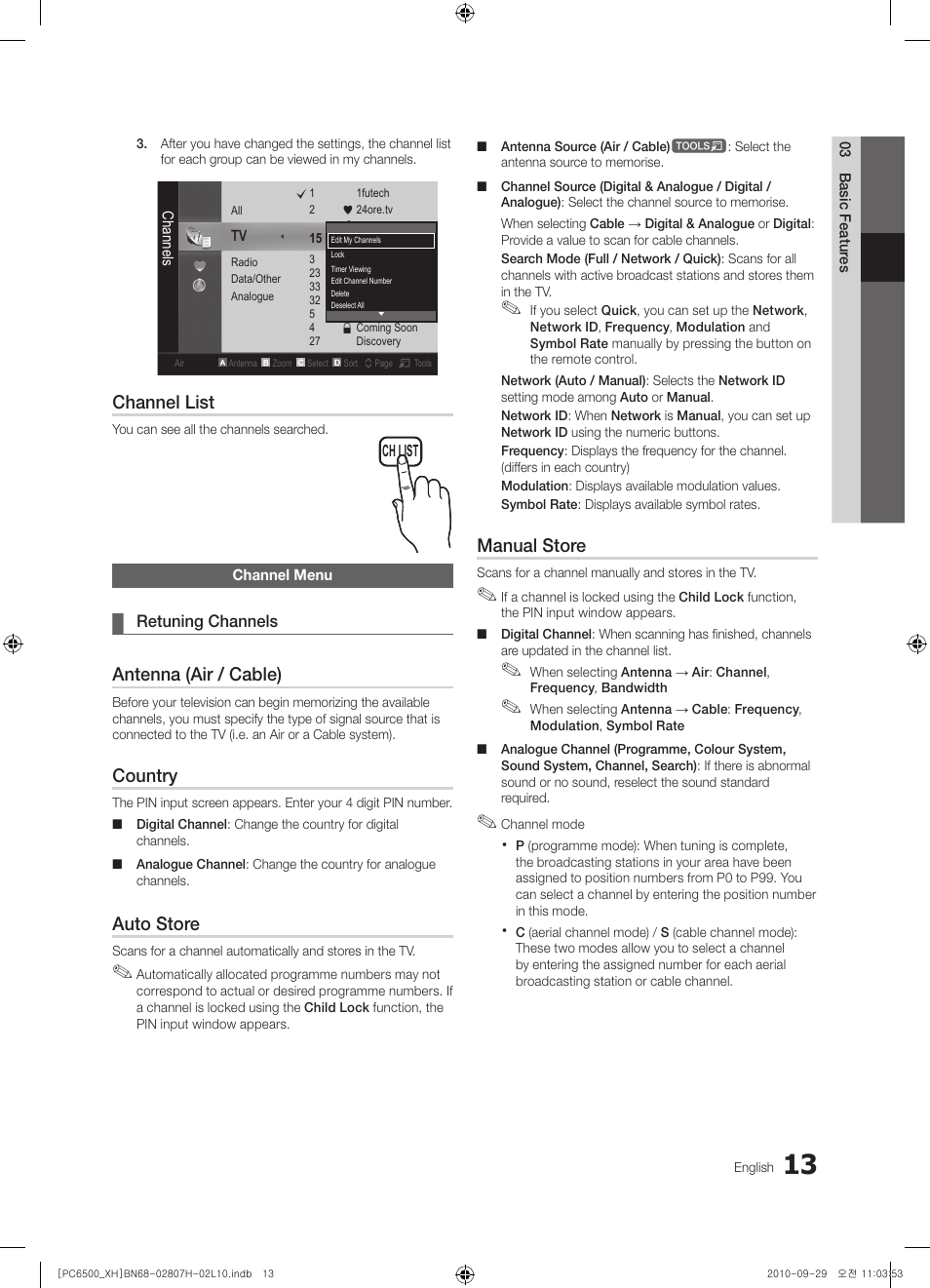 Channel list, Antenna (air / cable), Country | Auto store, Manual store | Samsung PS50C6500TW User Manual | Page 13 / 551