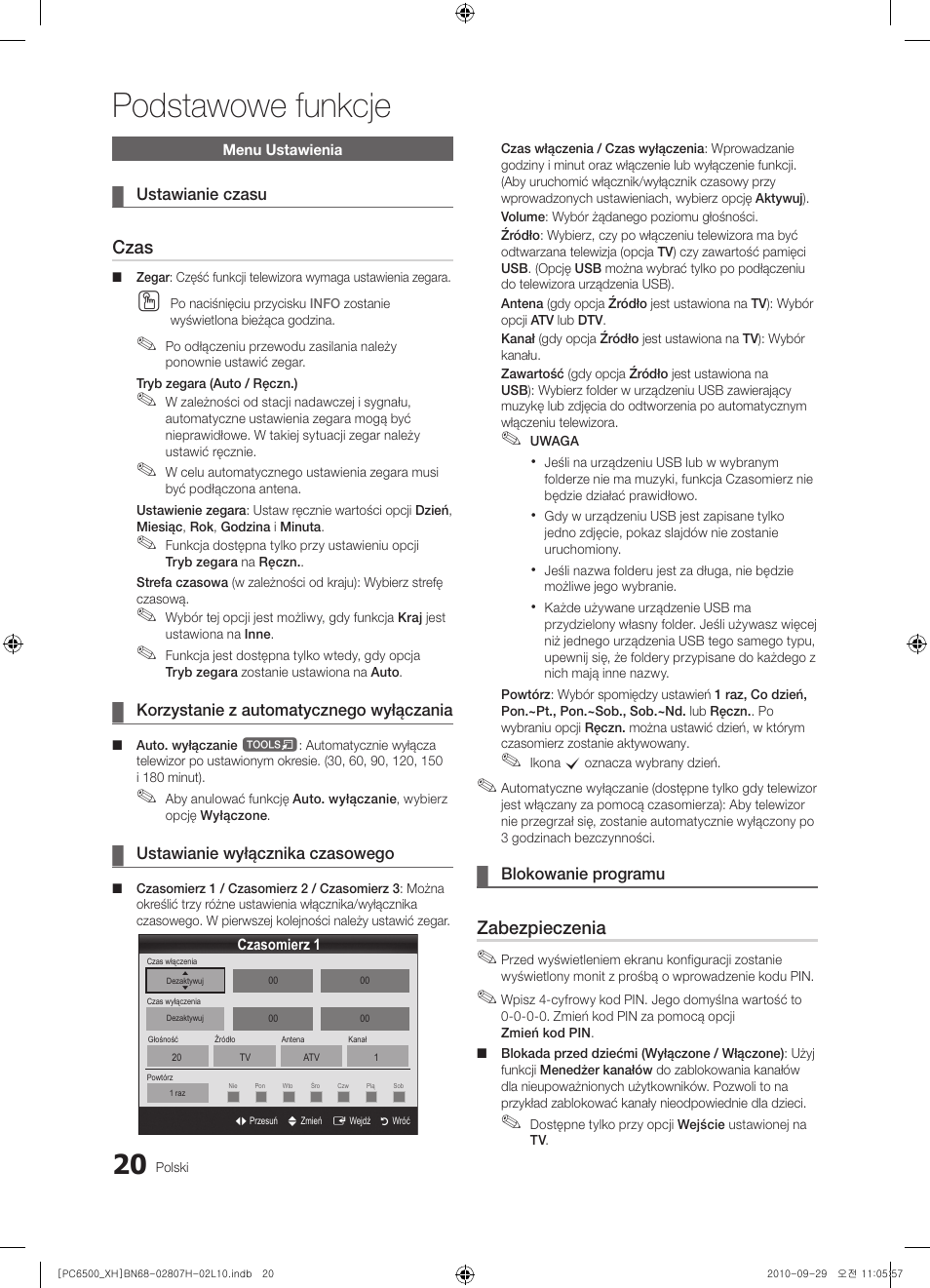 Podstawowe funkcje, Czas, Zabezpieczenia | Samsung PS50C6500TW User Manual | Page 130 / 551