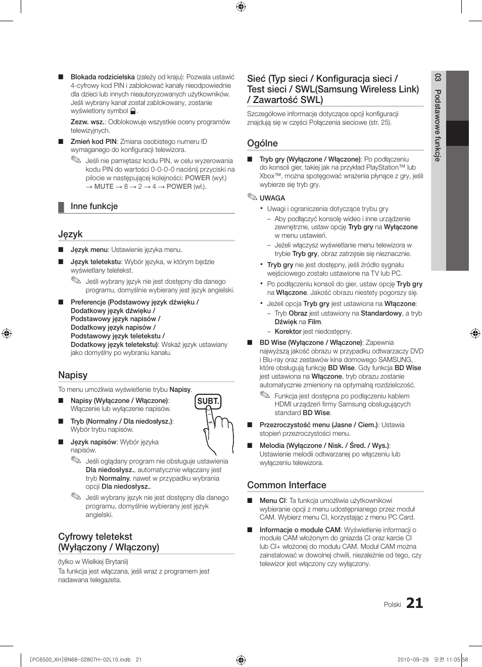 Język, Napisy, Cyfrowy teletekst (wyłączony / włączony) | Ogólne, Common interface | Samsung PS50C6500TW User Manual | Page 131 / 551