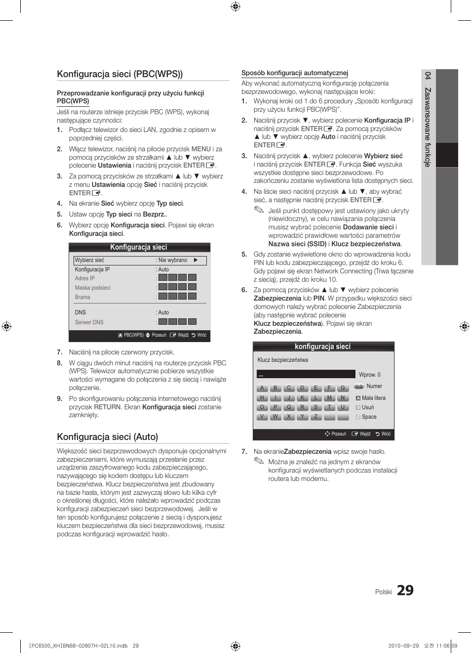 Konfiguracja sieci (pbc(wps)), Konfiguracja sieci (auto) | Samsung PS50C6500TW User Manual | Page 139 / 551