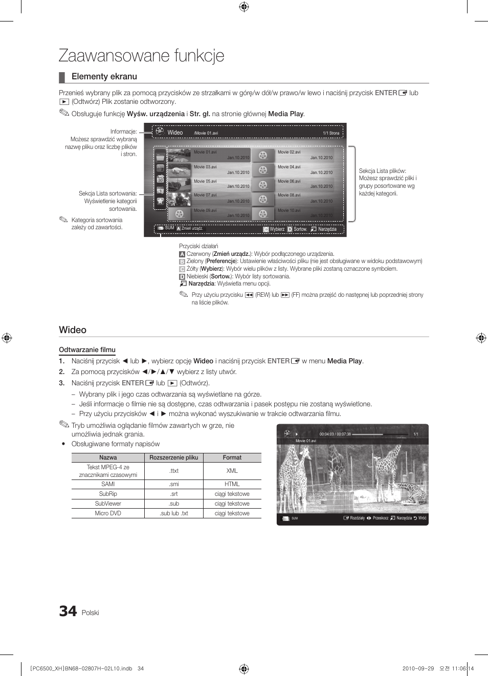 Zaawansowane funkcje, Wideo, Elementy ekranu | Samsung PS50C6500TW User Manual | Page 144 / 551
