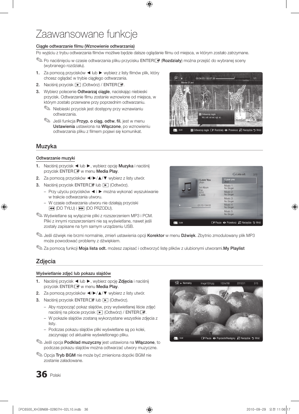 Zaawansowane funkcje, Muzyka, Zdjęcia | Samsung PS50C6500TW User Manual | Page 146 / 551