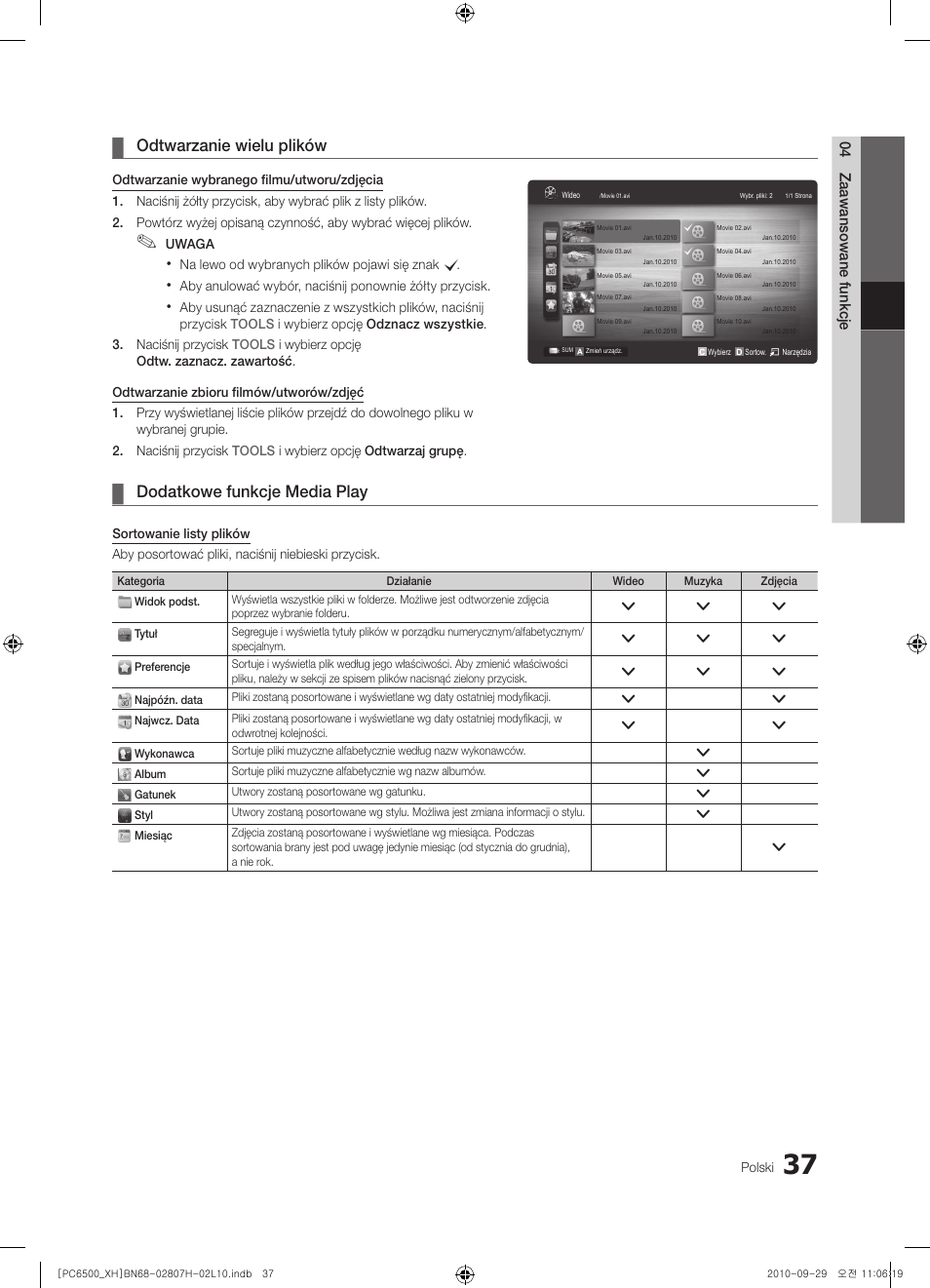 Odtwarzanie wielu plików, Dodatkowe funkcje media play | Samsung PS50C6500TW User Manual | Page 147 / 551