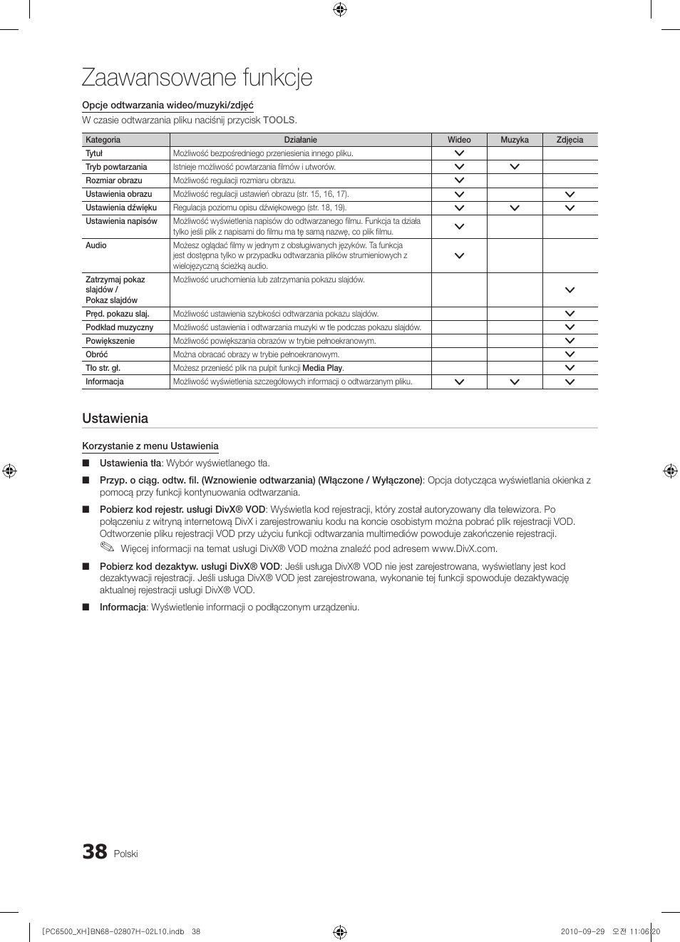 Zaawansowane funkcje, Ustawienia | Samsung PS50C6500TW User Manual | Page 148 / 551