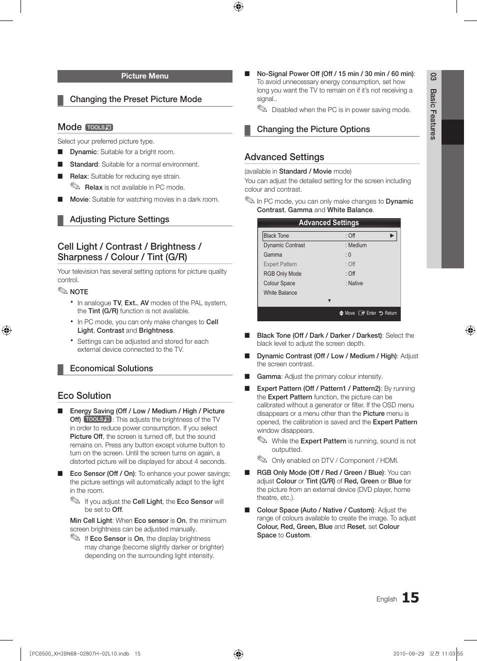 Mode, Eco solution, Advanced settings | Samsung PS50C6500TW User Manual | Page 15 / 551