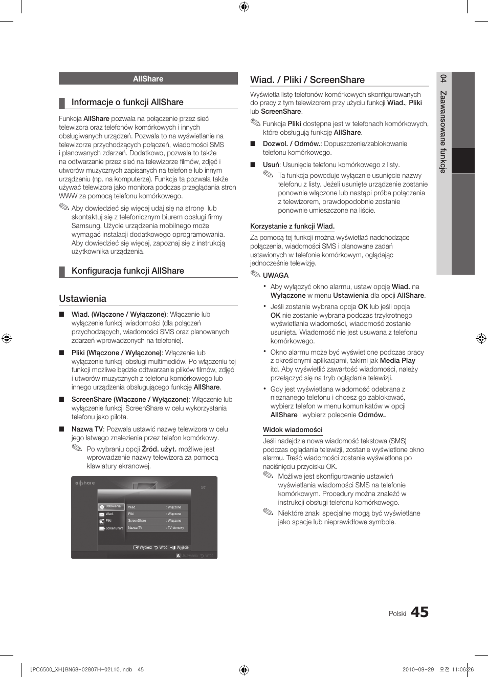 Ustawienia, Wiad. / pliki / screenshare | Samsung PS50C6500TW User Manual | Page 155 / 551