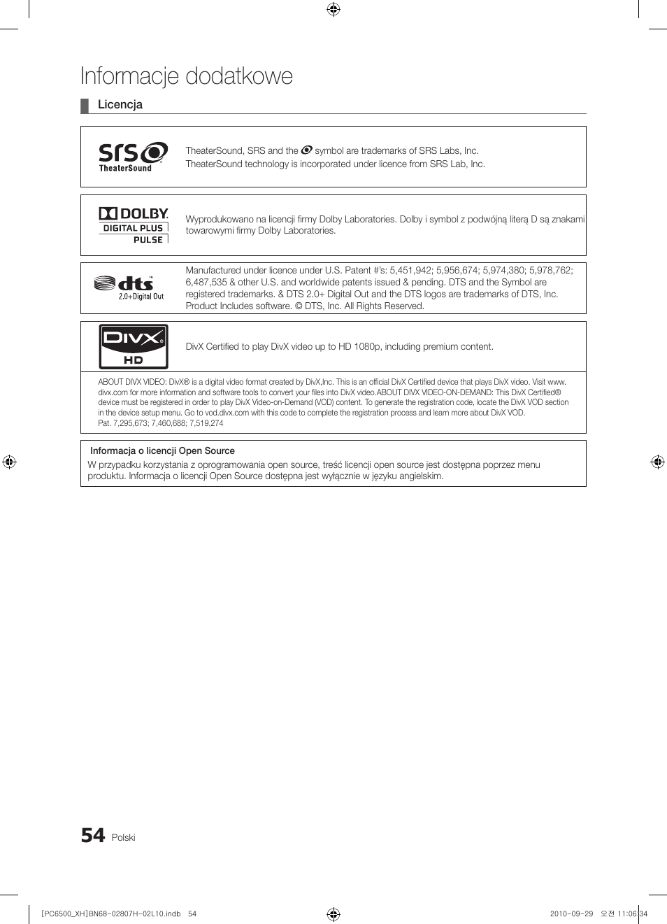 Informacje dodatkowe | Samsung PS50C6500TW User Manual | Page 164 / 551