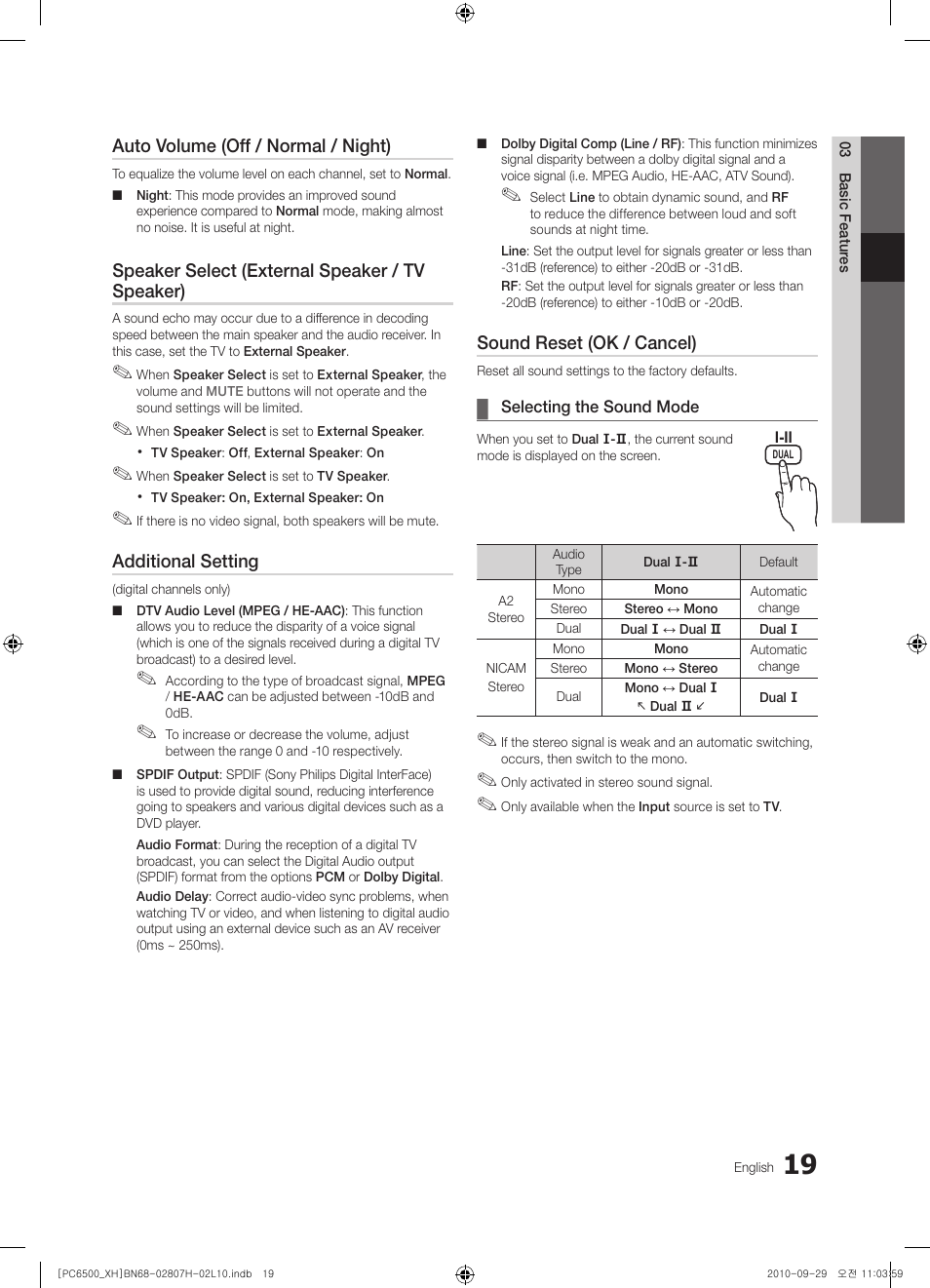 Auto volume (off / normal / night), Speaker select (external speaker / tv speaker), Additional setting | Sound reset (ok / cancel) | Samsung PS50C6500TW User Manual | Page 19 / 551