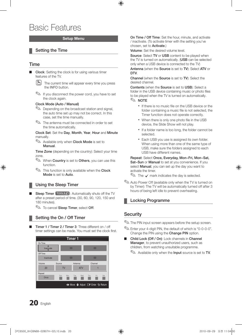 Basic features, Time, Security | Samsung PS50C6500TW User Manual | Page 20 / 551