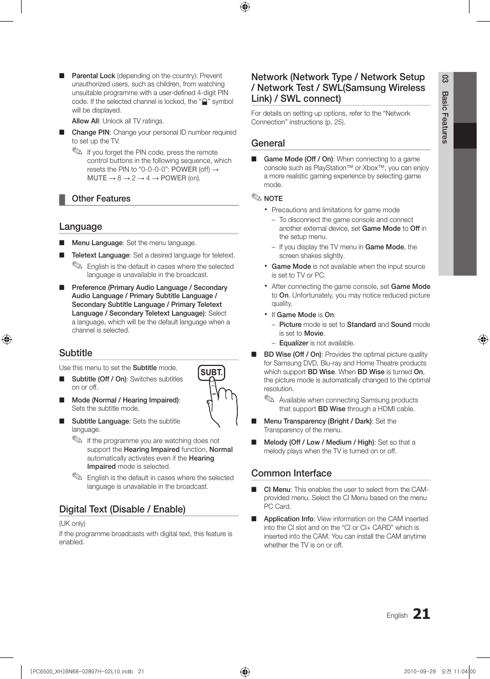 Language, Subtitle, Digital text (disable / enable) | General, Common interface | Samsung PS50C6500TW User Manual | Page 21 / 551