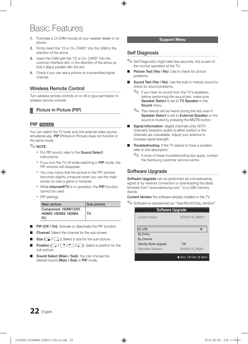 Basic features, Wireless remote control, Self diagnosis | Software upgrade | Samsung PS50C6500TW User Manual | Page 22 / 551