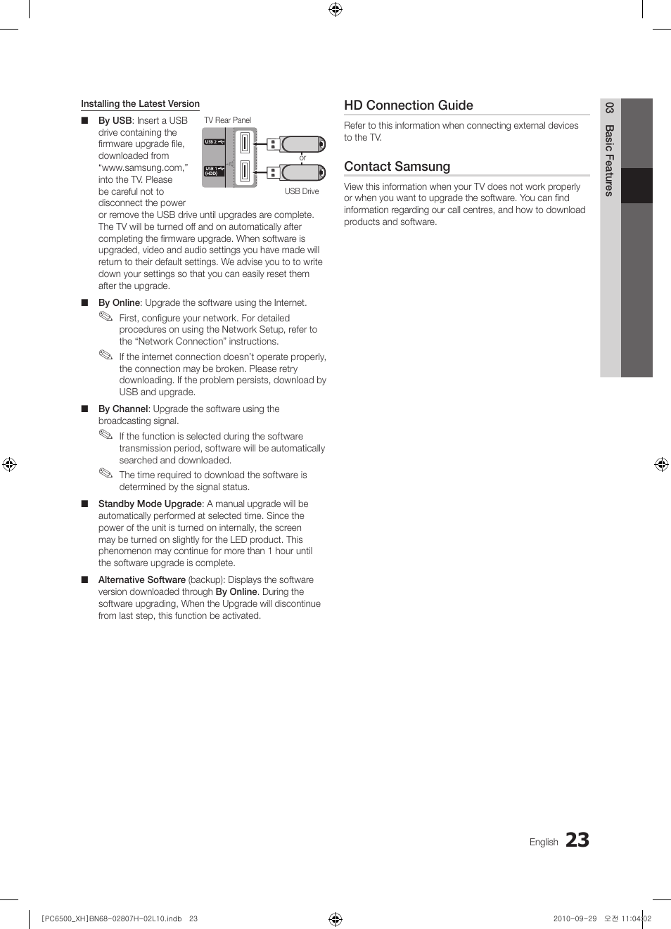 Hd connection guide, Contact samsung | Samsung PS50C6500TW User Manual | Page 23 / 551