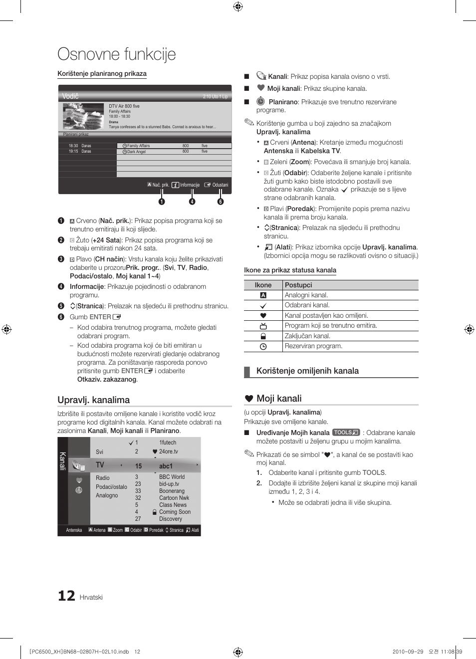 Osnovne funkcije, Upravlj. kanalima, Moji kanali | Korištenje omiljenih kanala | Samsung PS50C6500TW User Manual | Page 287 / 551