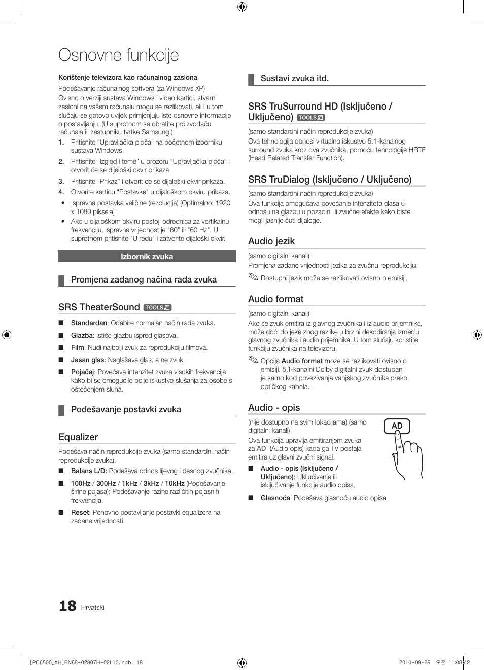 Osnovne funkcije, Srs theatersound, Equalizer | Srs trusurround hd (isključeno / uključeno), Srs trudialog (isključeno / uključeno), Audio jezik, Audio format, Audio - opis | Samsung PS50C6500TW User Manual | Page 293 / 551