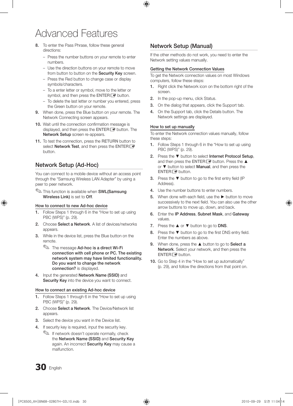 Advanced features, Network setup (ad-hoc), Network setup (manual) | Samsung PS50C6500TW User Manual | Page 30 / 551