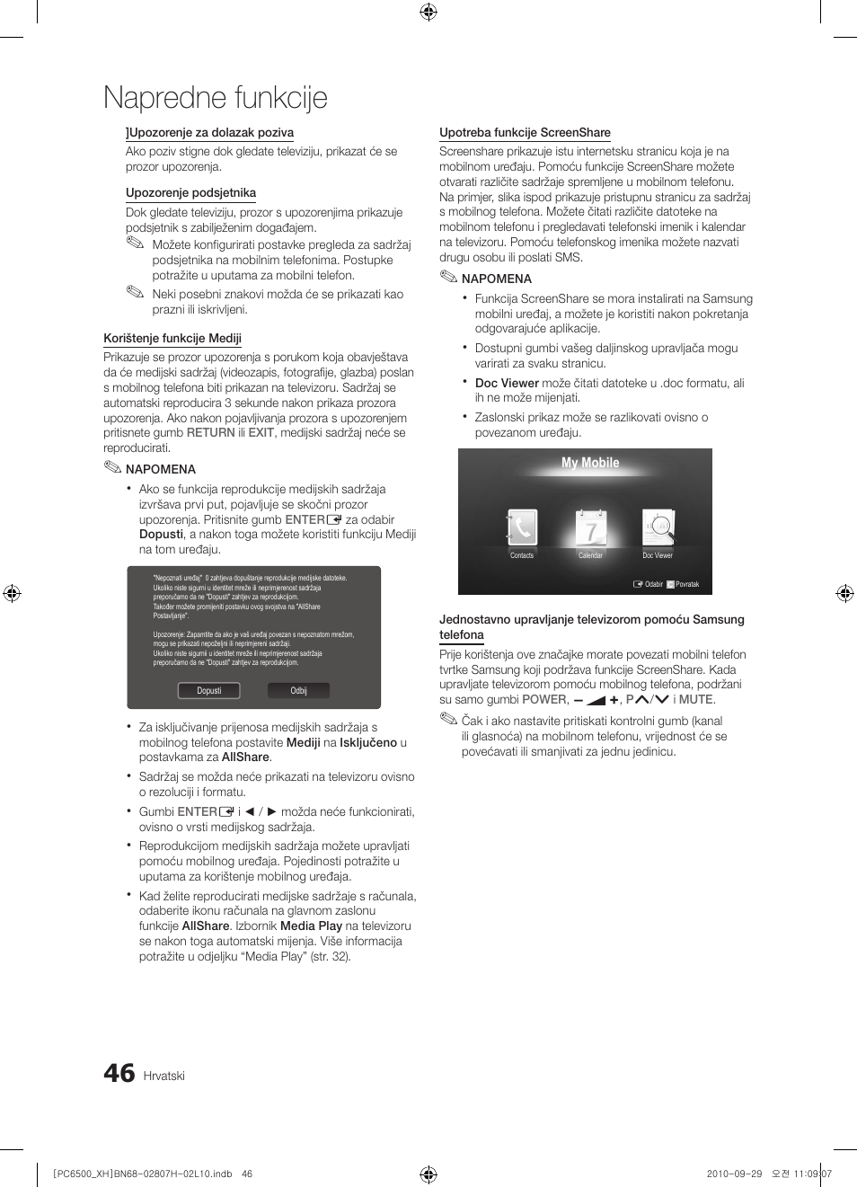 Napredne funkcije | Samsung PS50C6500TW User Manual | Page 321 / 551