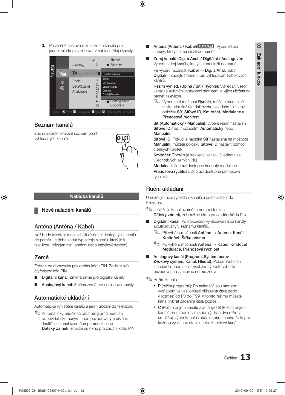 Seznam kanálů, Anténa (anténa / kabel), Země | Automatické ukládání, Ruční ukládání | Samsung PS50C6500TW User Manual | Page 343 / 551